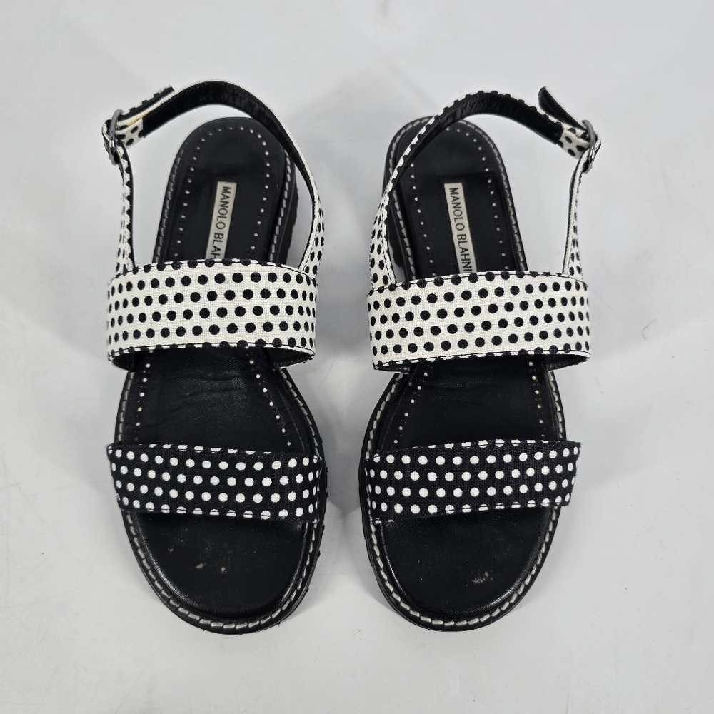 Manolo Blahnik NEW Gad Polka Dot Linen Slingback Sandals Blue White Size 38